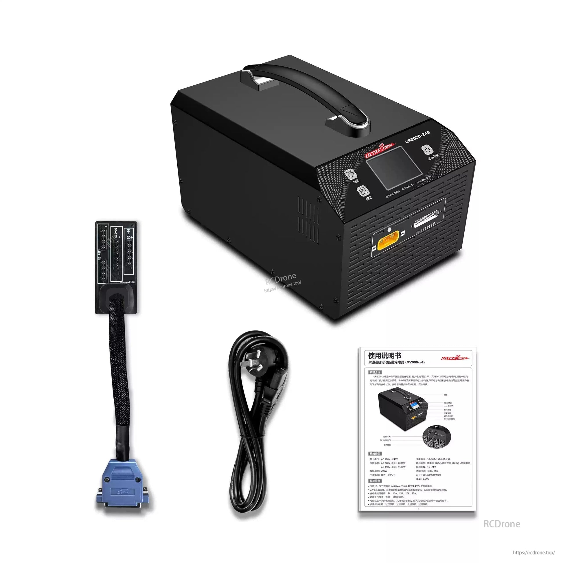 Ultra Power UP2000-24S: 2000W 25A smart charger for 16–24S LiPo/LiHV, 2.4" screen, 100–240V input, includes accessories and manual.