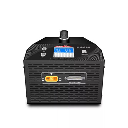 Ultra Power UP2000-24S: 2000W smart charger for 16–24S LiPo/LiHV, 2.4" display, 100–240V input, balance socket, digital controls for precise voltage, current, and mode settings.