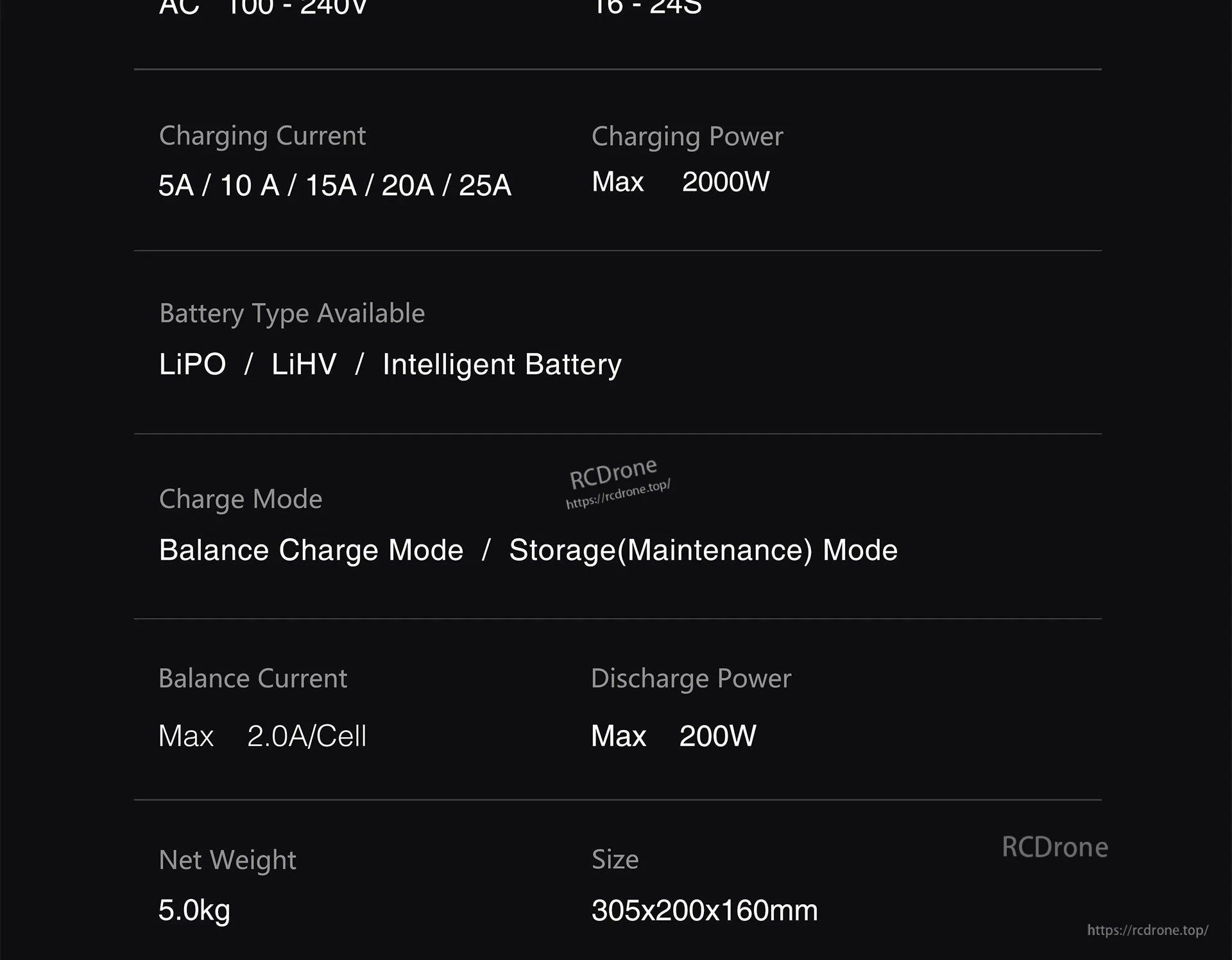 Ultra Power UP2000 charger offers 5-25A, 2000W output, supports LiPO/LiHV, balance/storage modes, 2.0A/cell balancing, 200W discharge, weighs 5.0kg, size 305x200x160mm.