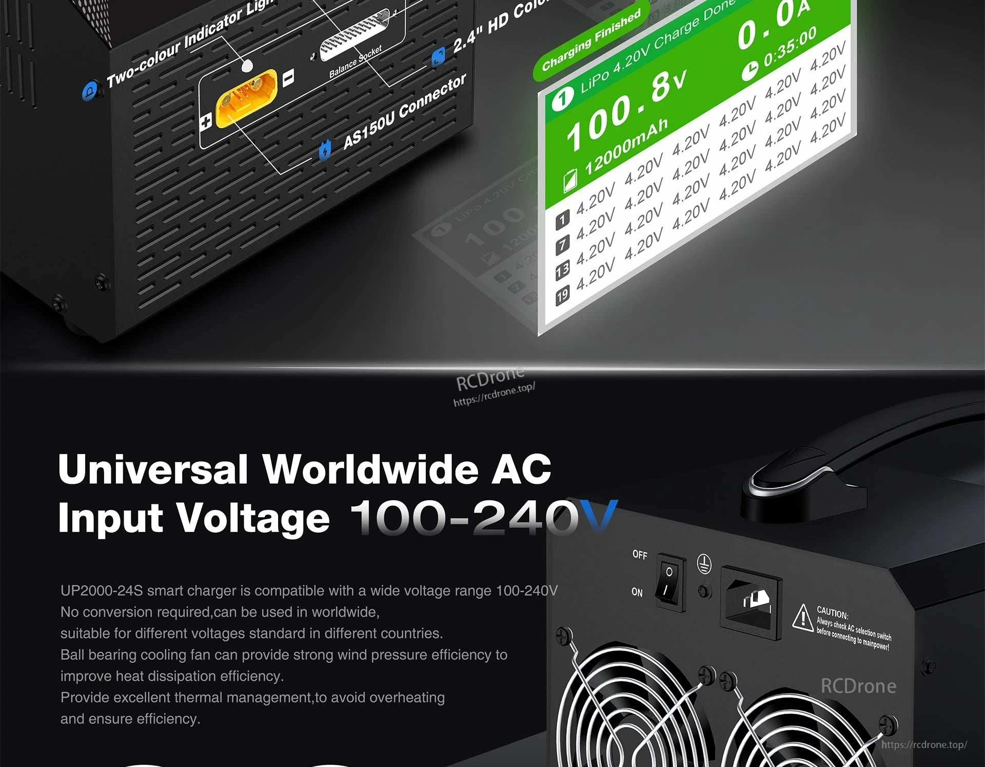 Ultra Power UP2000 Charger, Ultra Power UP2000-24S charger features 100-240V input, dual-color indicator, AS150U connector, ball bearing fans, LiPo charging, and precise voltage display for worldwide use.