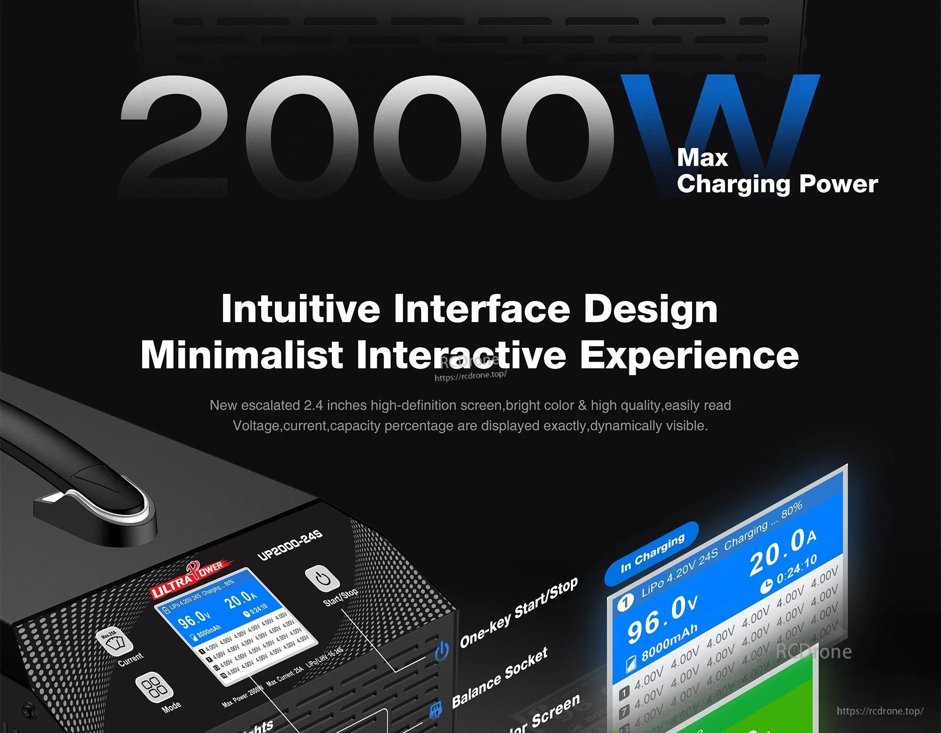 Ultra Power UP2000 Charger, 2000W max power, 2.4" HD screen, one-key control, balance socket; charges 8000mAh LiPo at 20A, displays voltage, current, capacity; minimalist design.