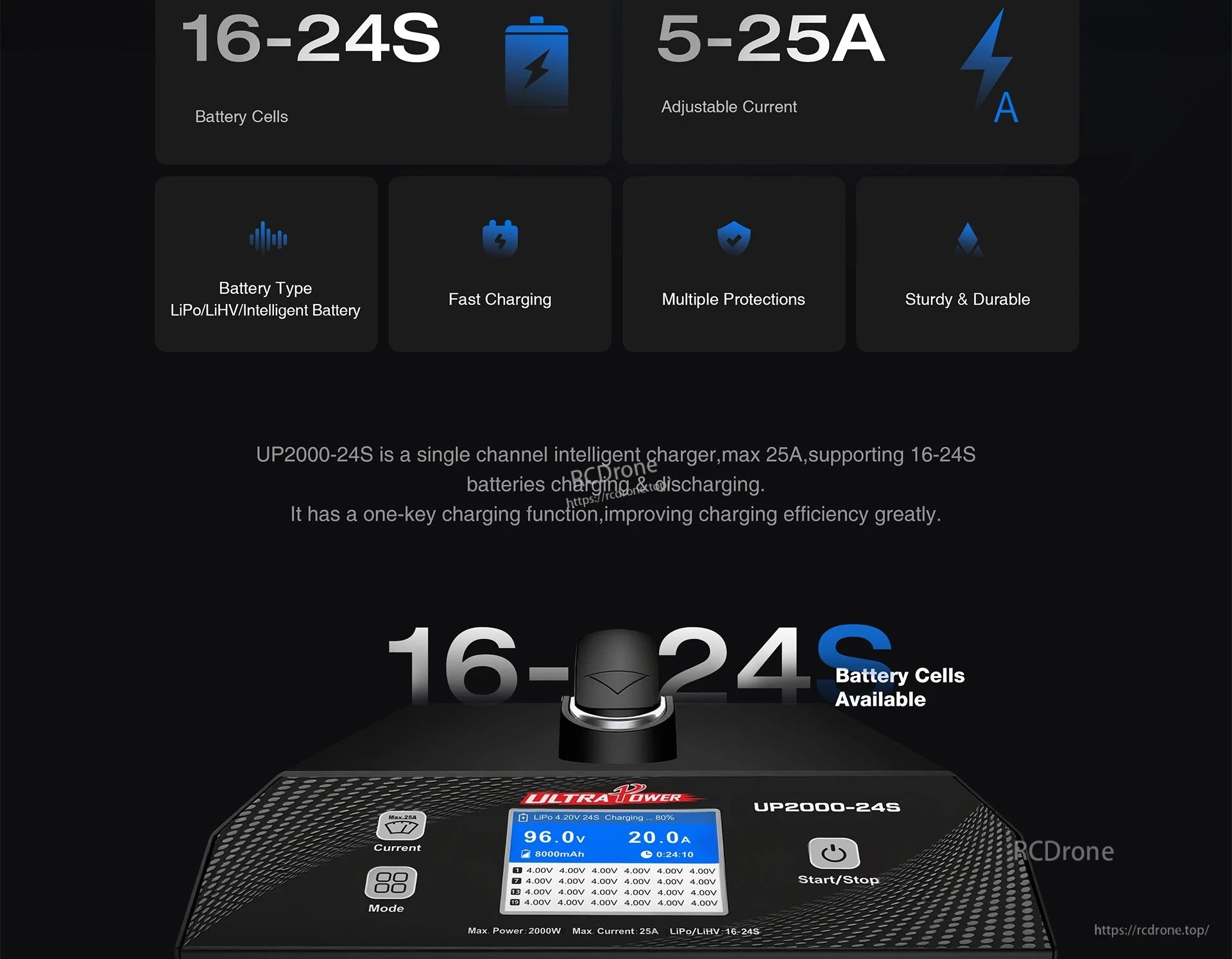 Ultra Power UP2000 Charger, Ultra Power UP2000-24S charger supports 16–24S, 5–25A, LiPo/LiHV/smart batteries, 2000W power, fast charging, one-key operation, multiple protections, and durable design.