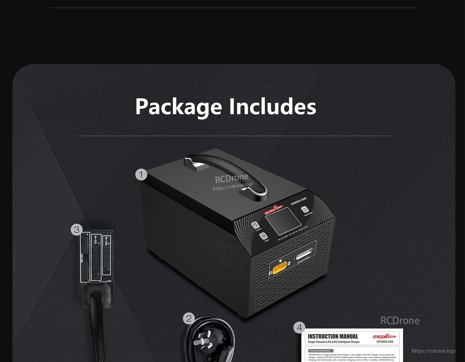 Ultra Power UP2000 Charger, Includes charger, cable, connector, manual. Single-channel LiPo/LiHV charging, 30A max current, smart display interface.