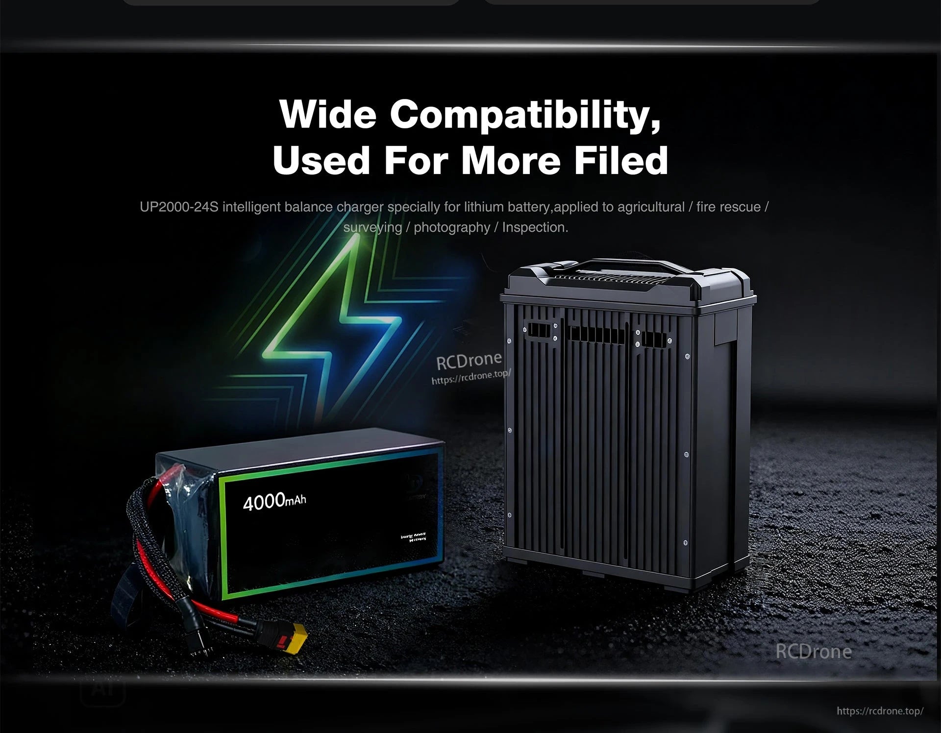 Ultra Power UP2000 Charger, Ultra Power UP2000-24S charger with 4000mAh battery; compatible with drones for agriculture, firefighting, surveying, photography, and inspection.