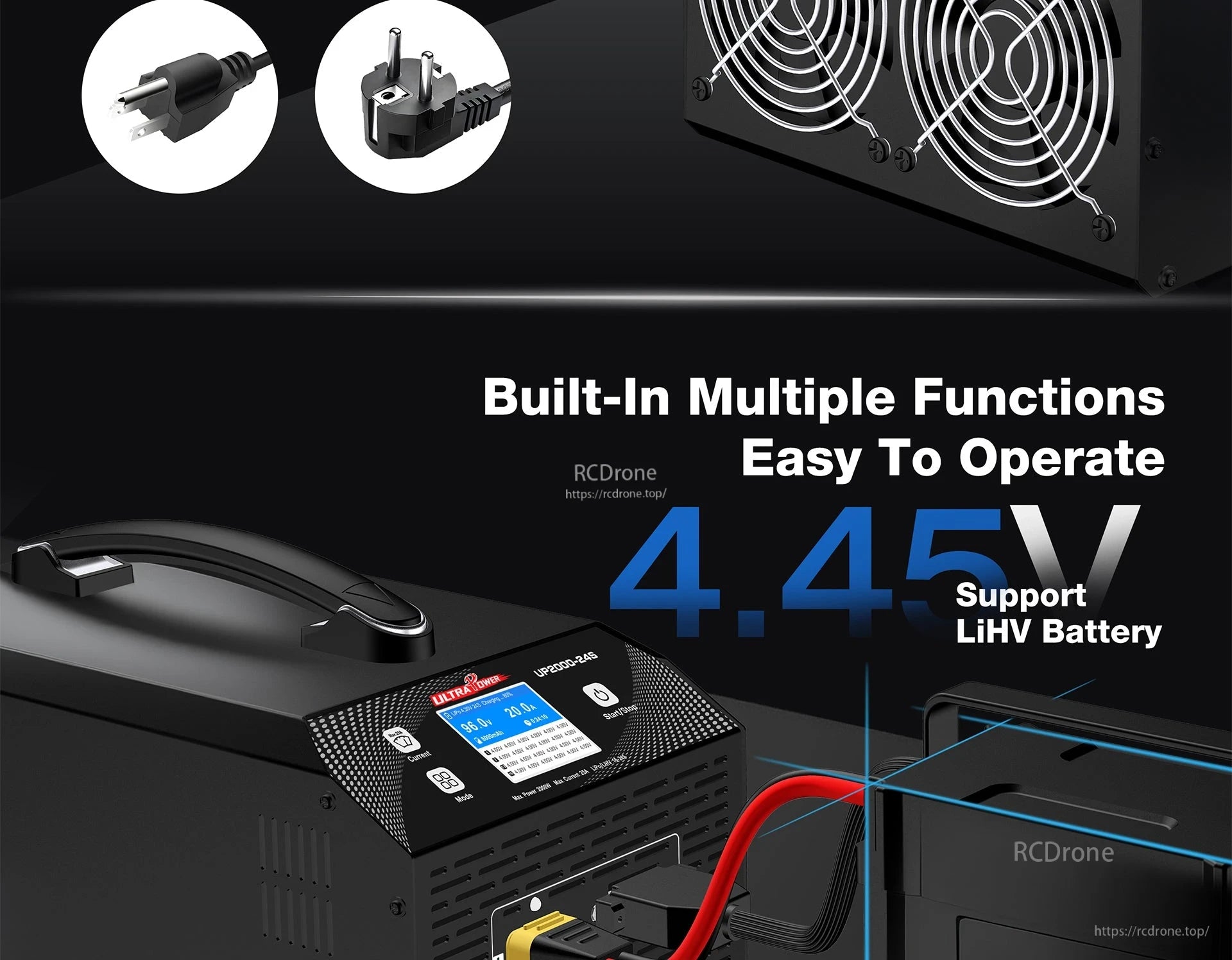 Ultra Power UP2000 Charger, The UP2000-24S charger supports LiHV batteries, features a digital display, multiple inputs, cooling fans, and a handle for portable, precise, and reliable charging.