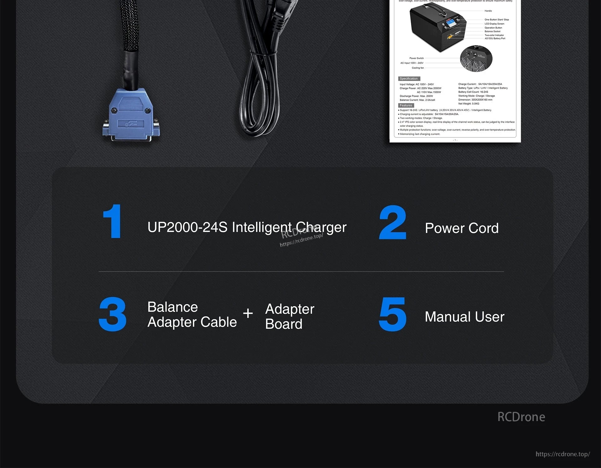 Ultra Power UP2000 Charger, UP2000-24S charger supports 16-24S LiPo/LiHV, offers adjustable current, multiple protections, and includes power cord, balance cable, adapter board, and manual.