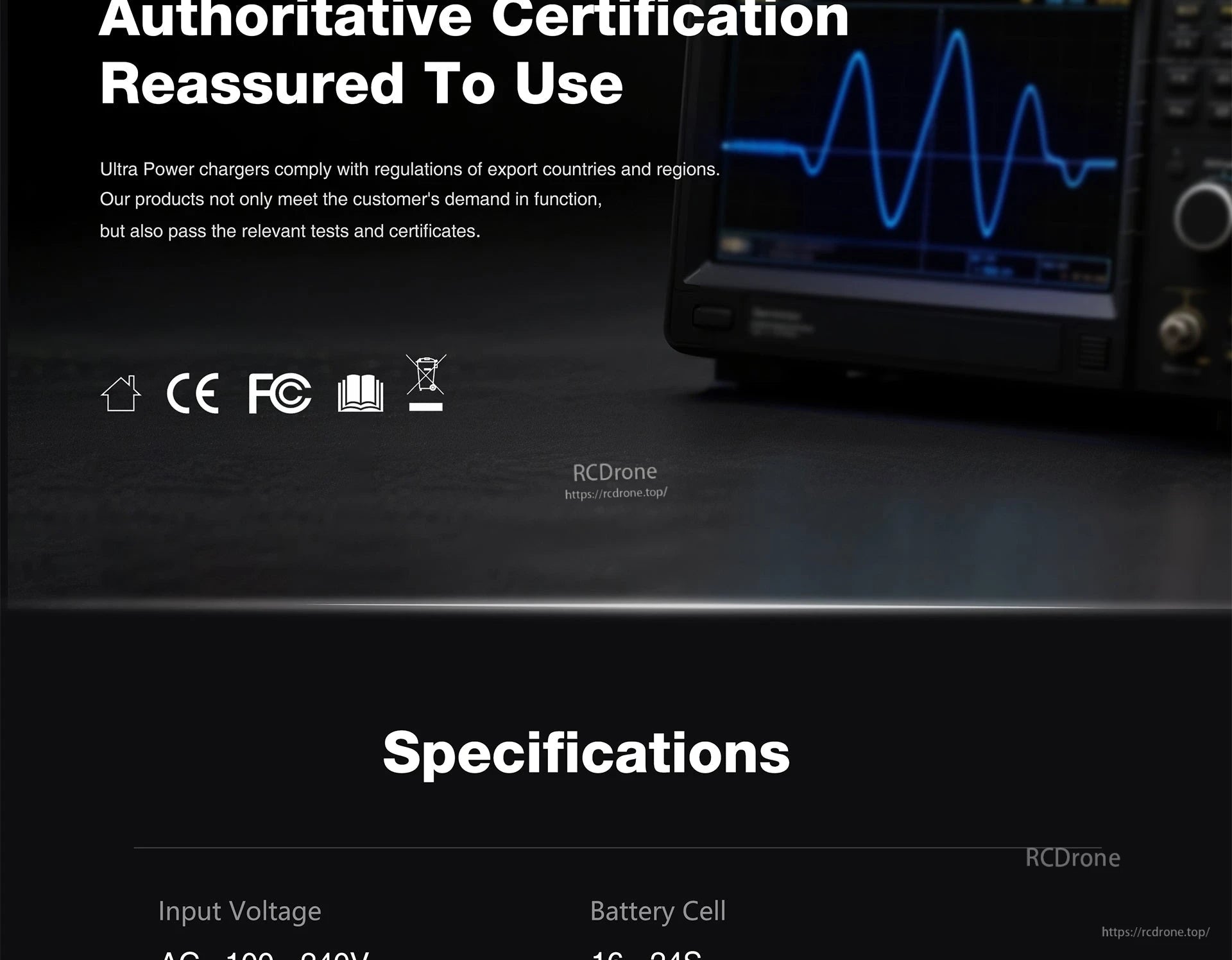 The Ultra Power UP2000 Charger features global certifications, meets export standards, and supports AC 100–240V input with compatibility for 16–24S battery cells.