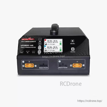 Ultra Power UP2800-14S Dual-Channel Charger, Dual-channel 2800W charger for 6–14S LiPo/LiHV, 28A max current, balance charging, storage mode, dual balance ports, digital display; ideal for drones and RC models.