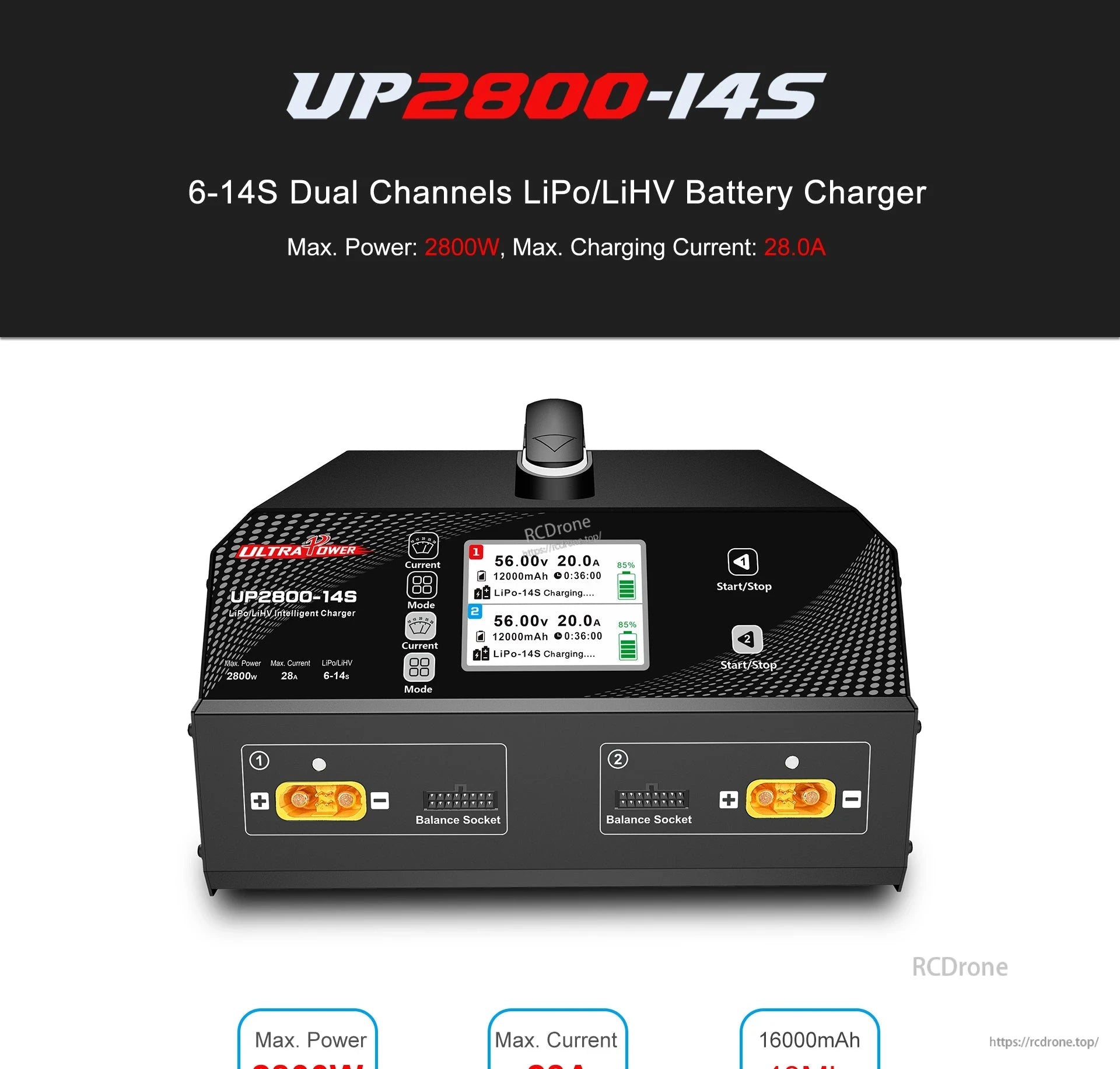 Ultra Power UP2800-14S Dual-Channel Charger, Ultra Power UP2800-14S: 2800W dual-channel charger for 6–14S LiPo/LiHV, 28A max current, digital display, balance charging, and intelligent monitoring.