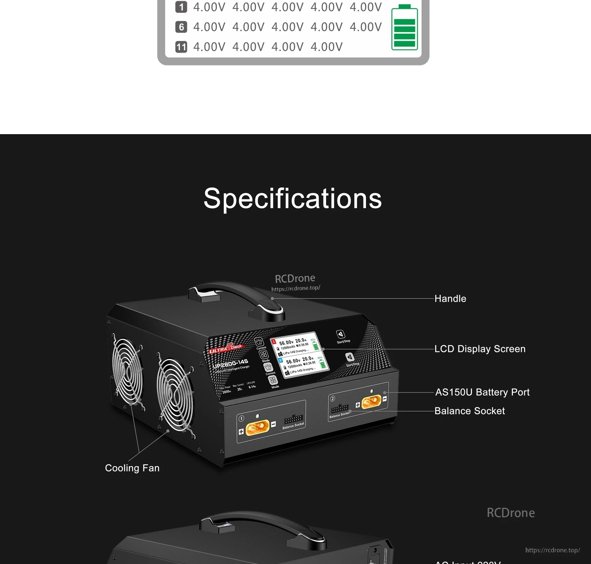 Ultra Power UP2800-14S Dual-Channel Charger, Dual-channel UP2800-14S charger with LCD, balance socket, cooling fans, handle, AS150U port; charges 4.00V cells, indicates full charge; AC input: 220V.