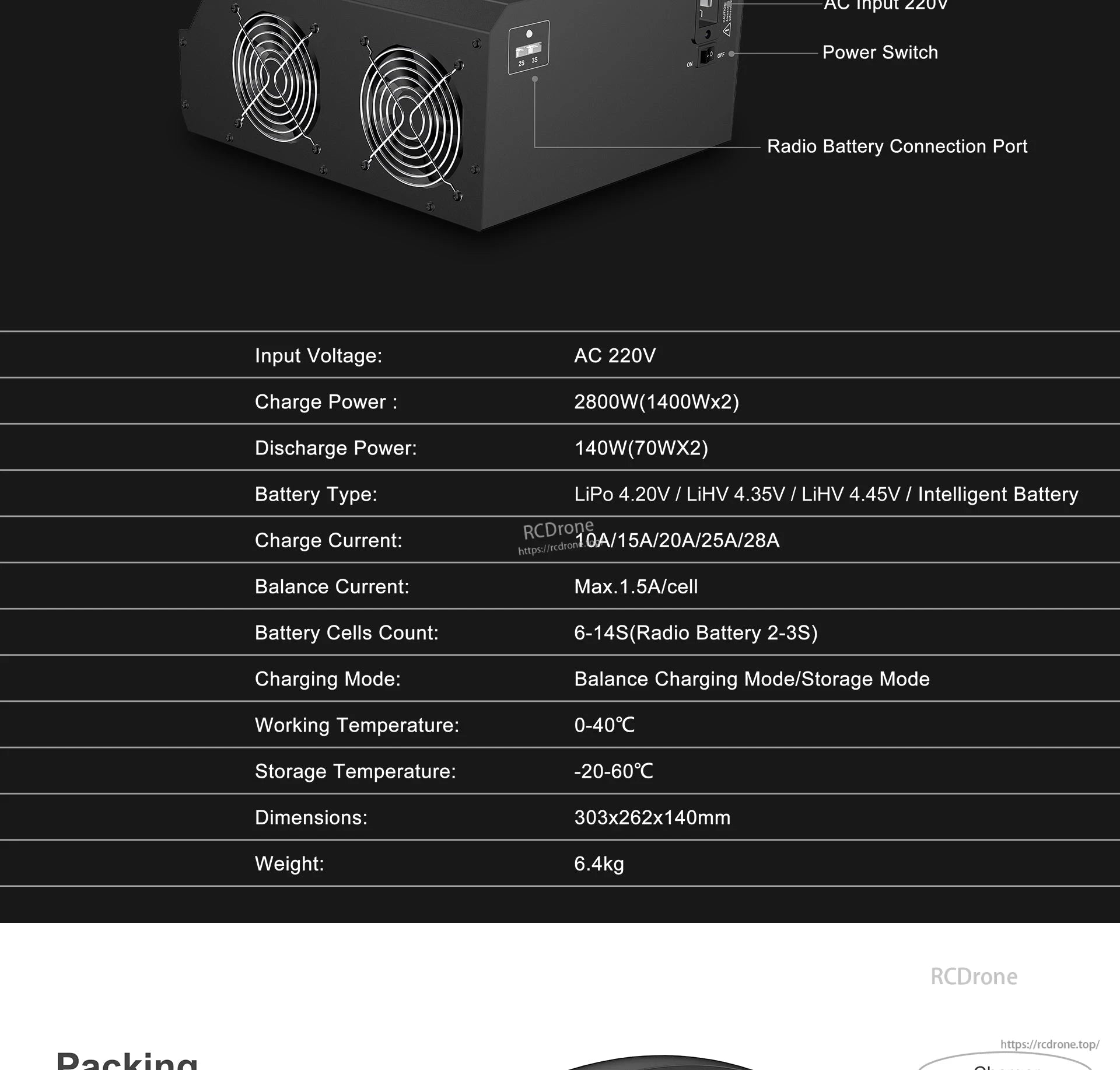 Ultra Power UP2800-14S Dual-Channel Charger, Ultra Power UP2800-14S: 2800W dual-channel charger, 220V input, supports LiPo/LiHV/smart batteries, balance charging, storage mode, 140W discharge, 0-40°C operation, 303x262x140mm, 6.4kg.