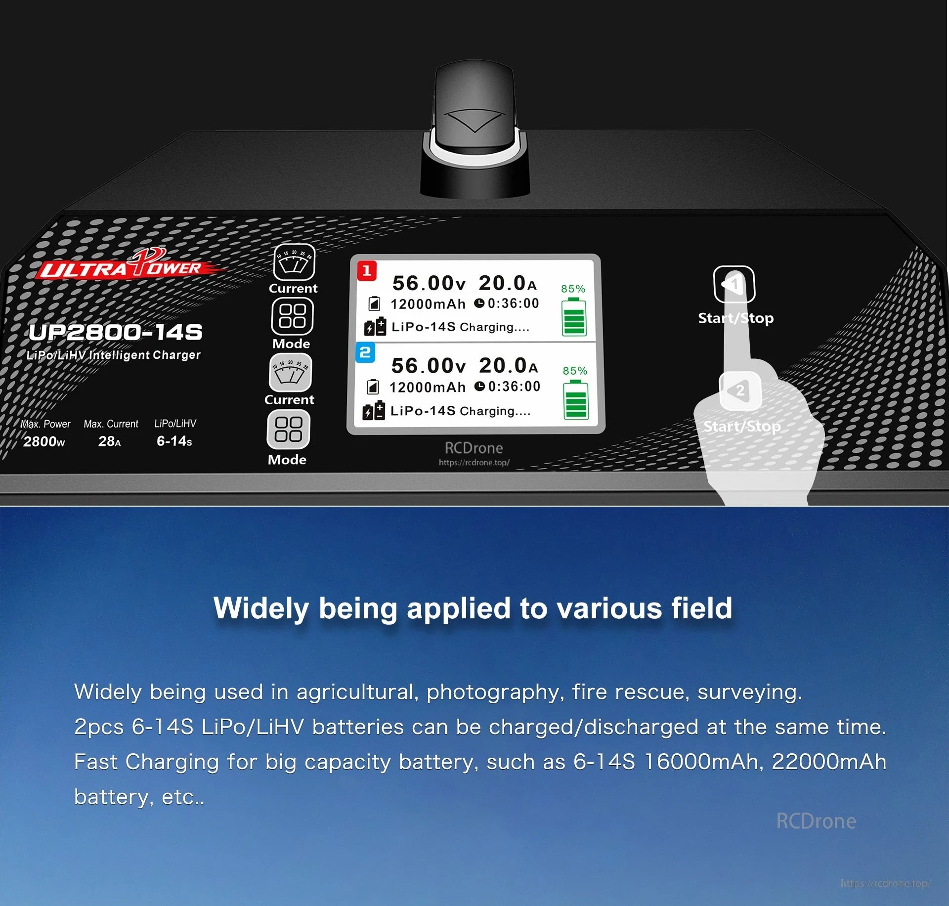 Ultra Power UP2800-14S Dual-Channel Charger, Ultra Power UP2800-14S: 2800W dual-channel charger for 6-14S LiPo/LiHV batteries, 28A output, fast charging up to 22000mAh; ideal for agriculture, photography, rescue, and surveying.