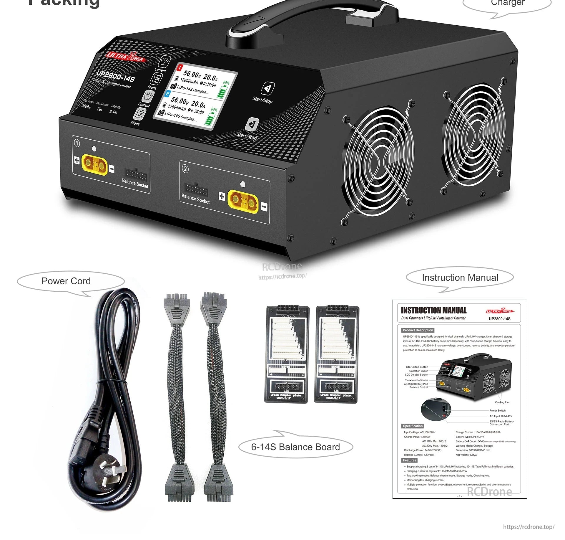 Ultra Power UP2800-14S Dual-Channel Charger, Ultra Power UP2800-14S smart charger for LiPo/LiHV batteries, 6–14S support, dual-channel, LCD display, balance sockets, safety protections included.