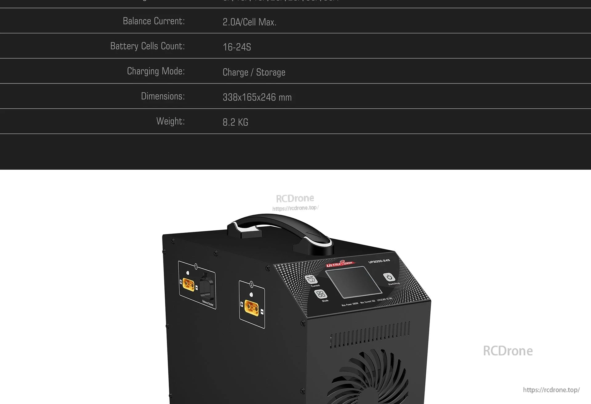 Ultra Power UP3000-24S charger: 2.0A balance current, 16-24S support, charge/storage modes, compact 338x165x246 mm size, weighs 8.2 kg.