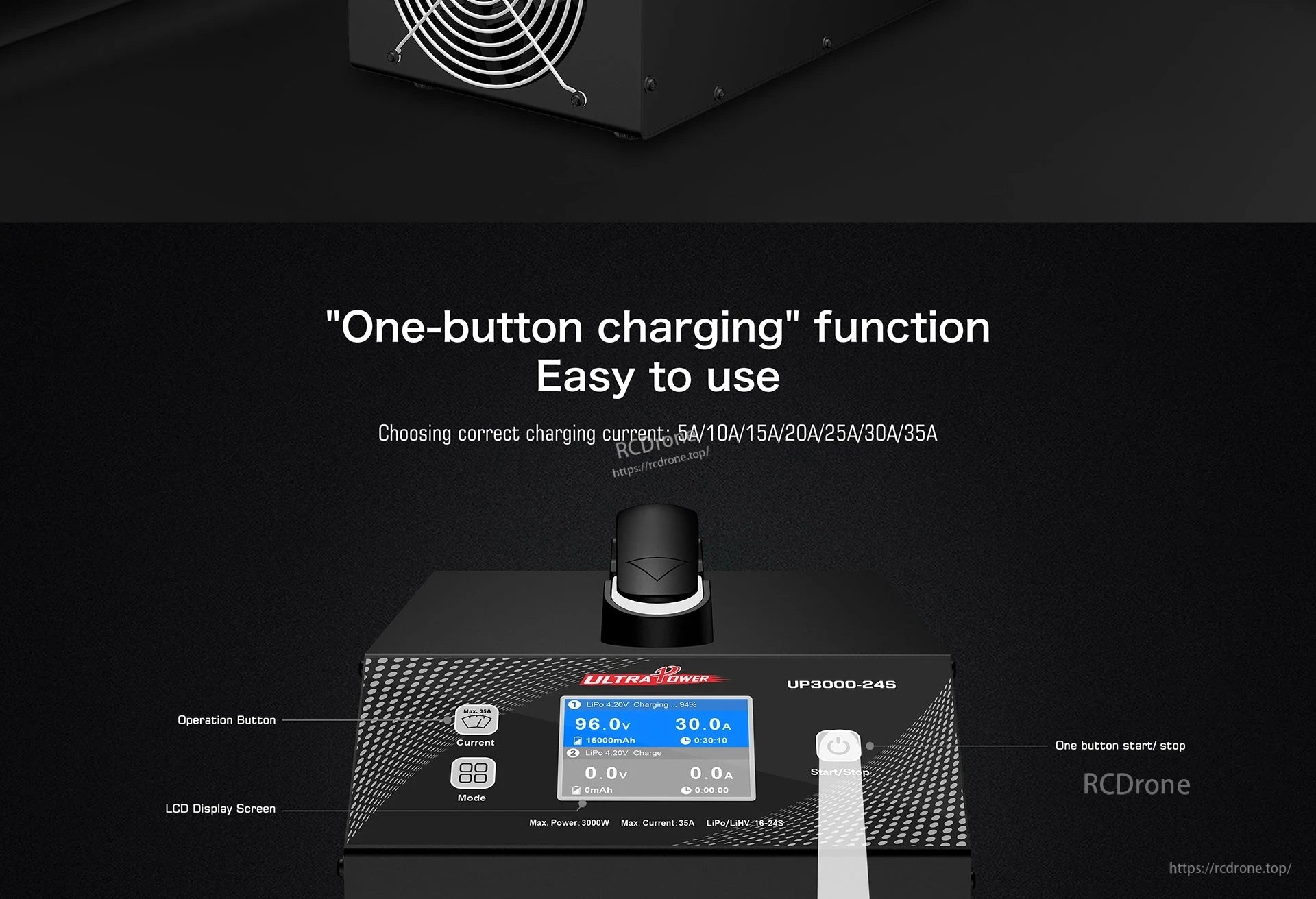 Ultra Power UP3000-24S charger features one-button operation, LCD display, 5A–35A range, 3000W power, supports LiPo/LiHV 1S–24S, with start/stop, mode selection, and current adjustment.