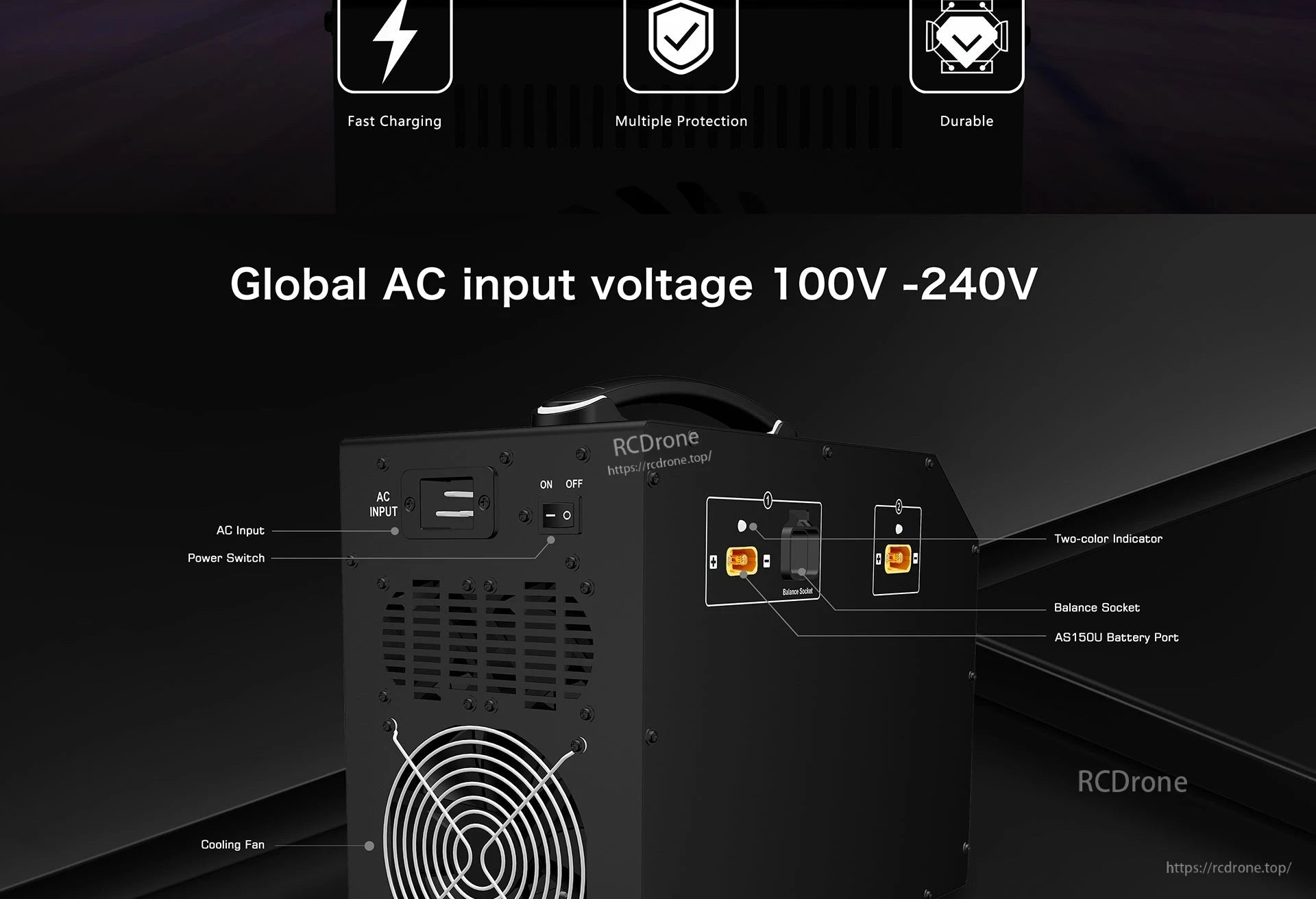 Ultra Power UP3000-24S charger offers fast charging, multiple protections, durable design, global 100V-240V input, cooling fan, and battery port for reliable performance.