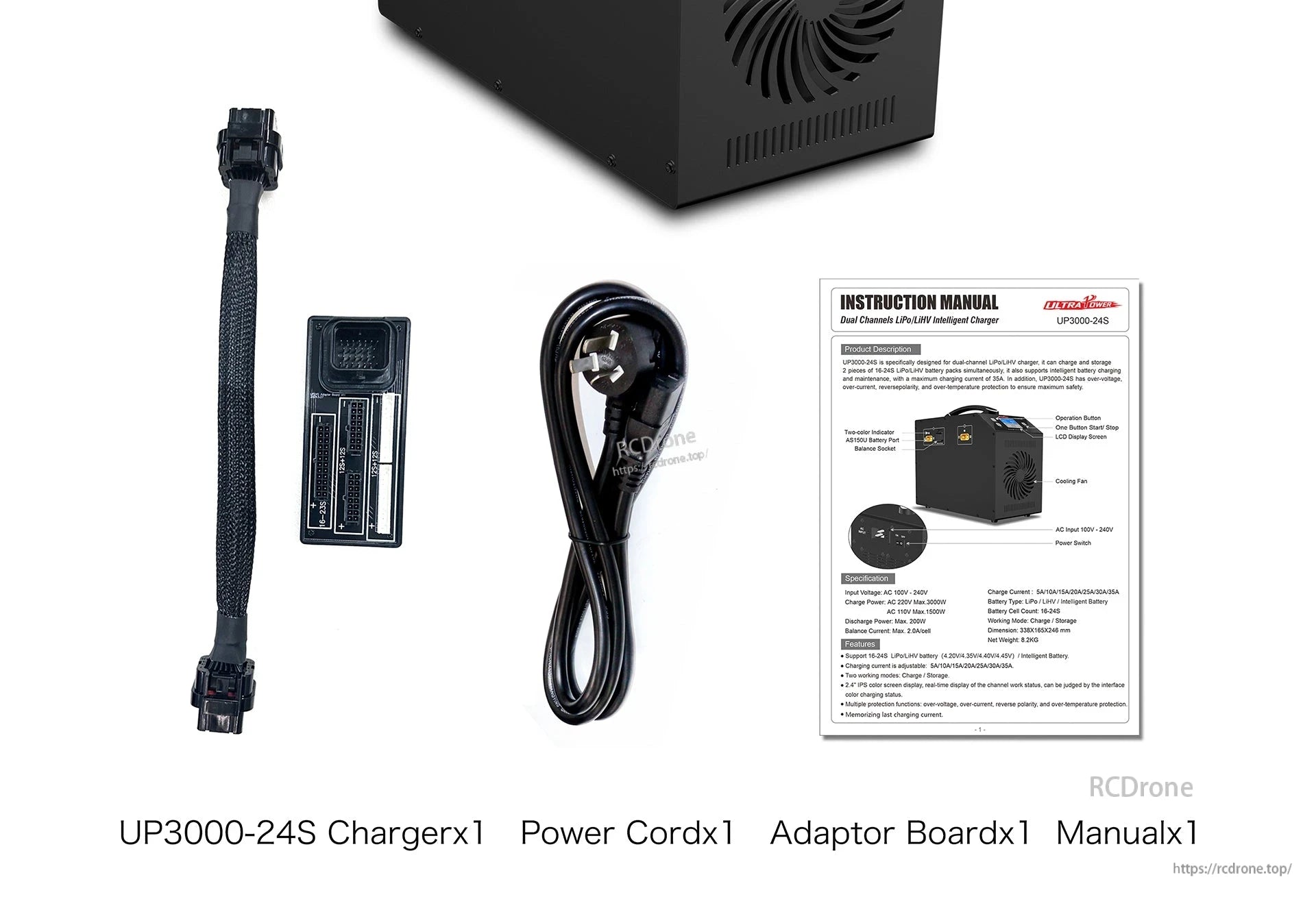 Ultra Power UP3000-24S Charger, Ultra Power UP3000-24S: dual-channel 16-24S LiPo/LiHV charger, 35A max, intelligent charging, multiple protections. Includes charger, cord, adapter board, manual.