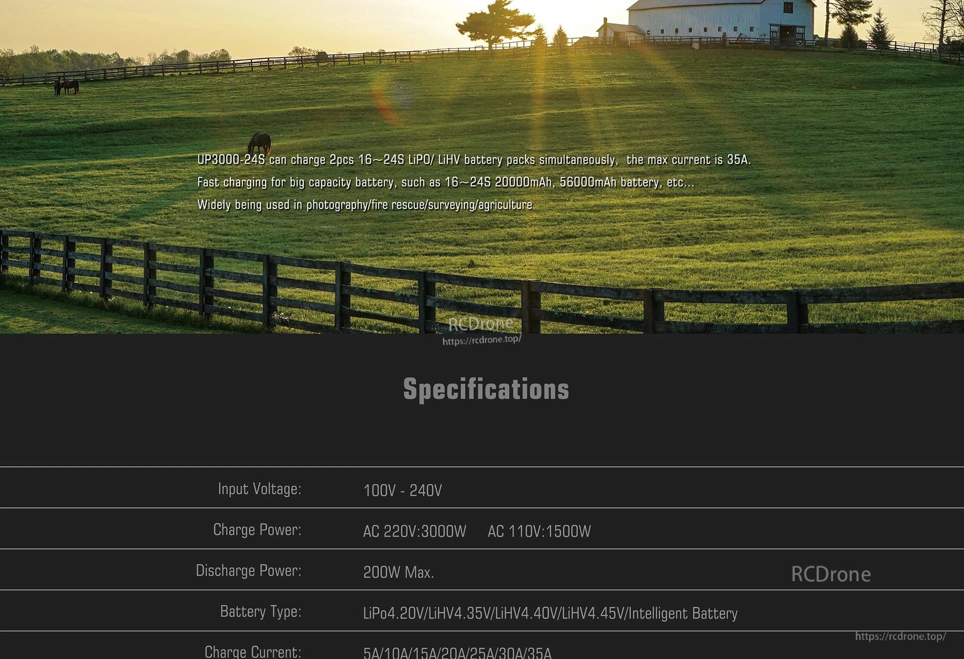 Ultra Power UP3000-24S Charger, UP3000-24S charges two 16–24S LiPo/LiHV batteries up to 35A, supports fast charging, works with various voltages and intelligent batteries, ideal for photography, rescue, surveying, and agriculture.