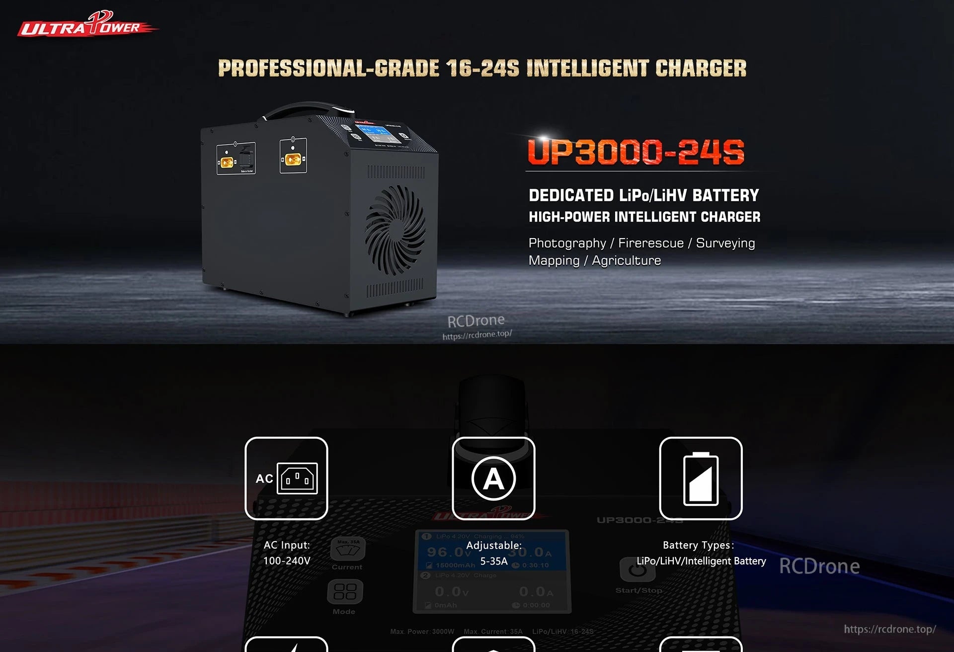 Ultra Power UP3000-24S Charger, The Ultra Power UP3000-24S is a 16-24S LiPo/LiHV charger with 100-240V input, 5-35A adjustable current, suited for drones in photography, firefighting, surveying, mapping, and agriculture.