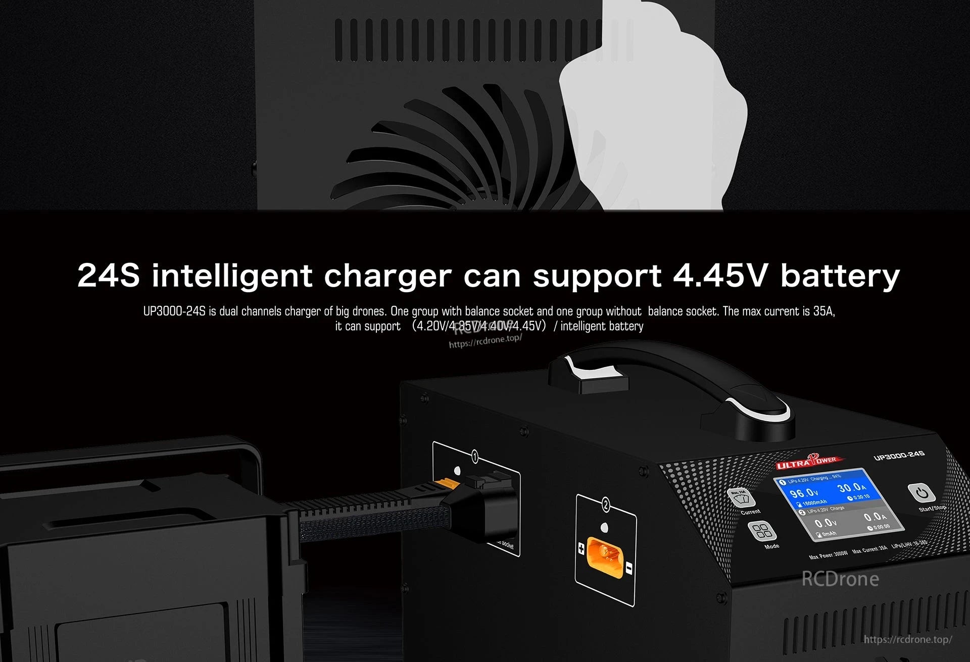 Ultra Power UP3000-24S Charger, 24S intelligent charger supports 4.45V batteries, dual-channel design, 35A max current, balance/non-balance sockets, digital display, multiple modes, compatible with 4.20V–4.45V batteries.