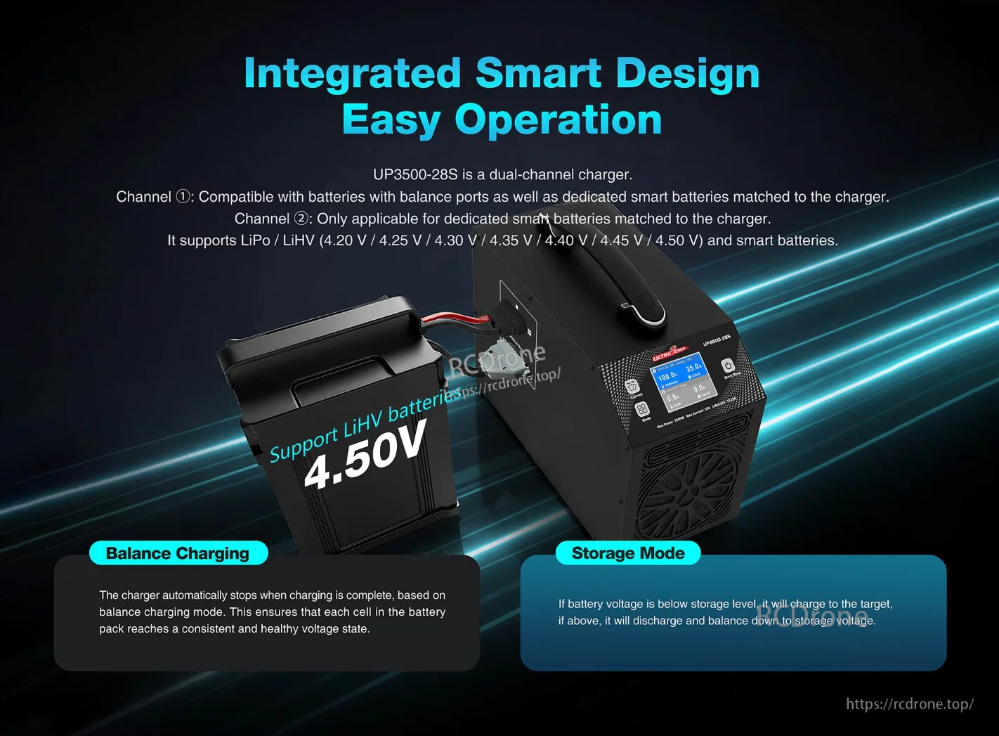 UP3500-28S smart charging modes for LiPo/LiHV: balance charging and storage (maintenance) mode up to 4.50V