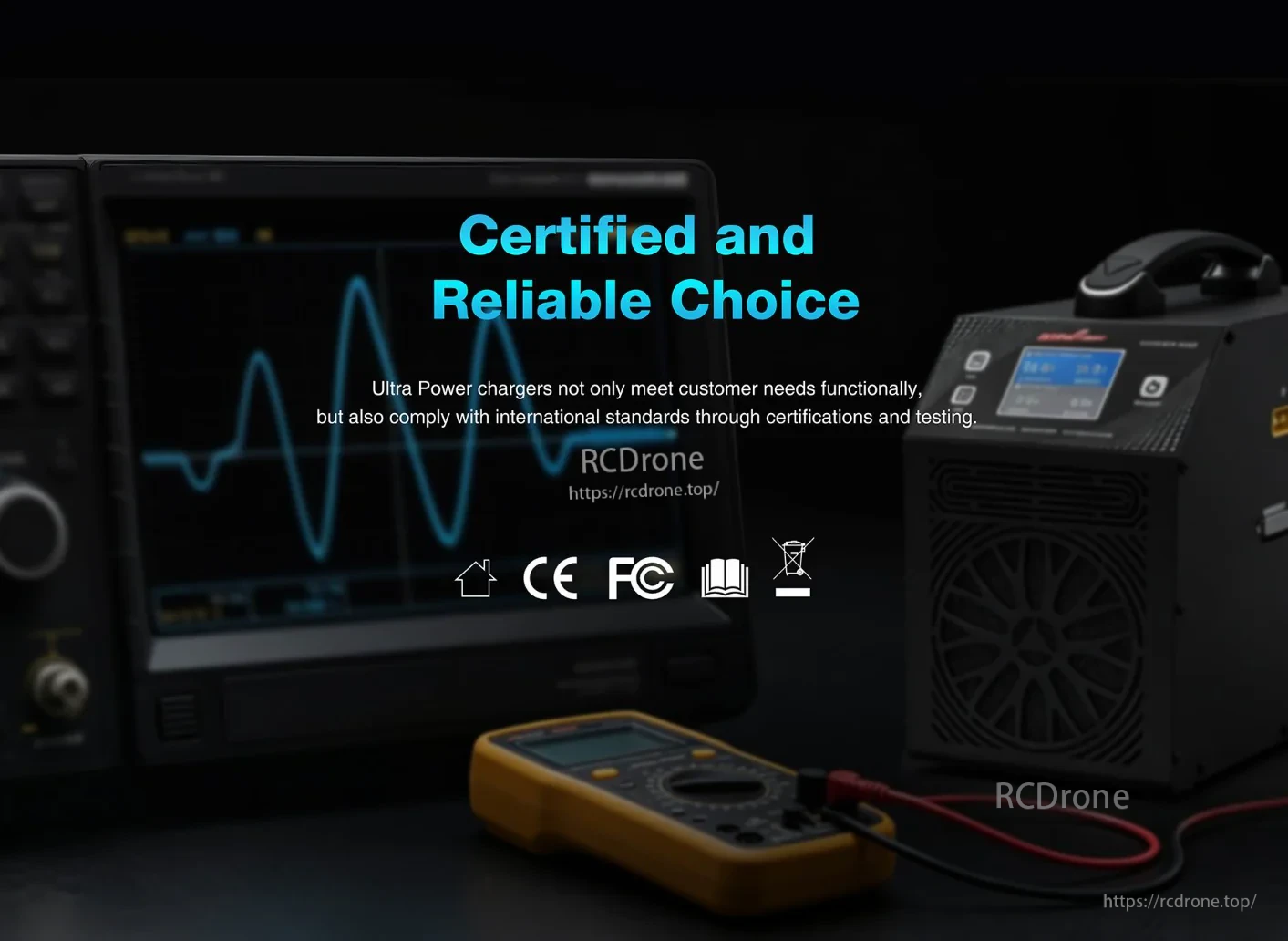 UP3500-28S reliability and compliance icons with CE and FCC marks on promotional graphic