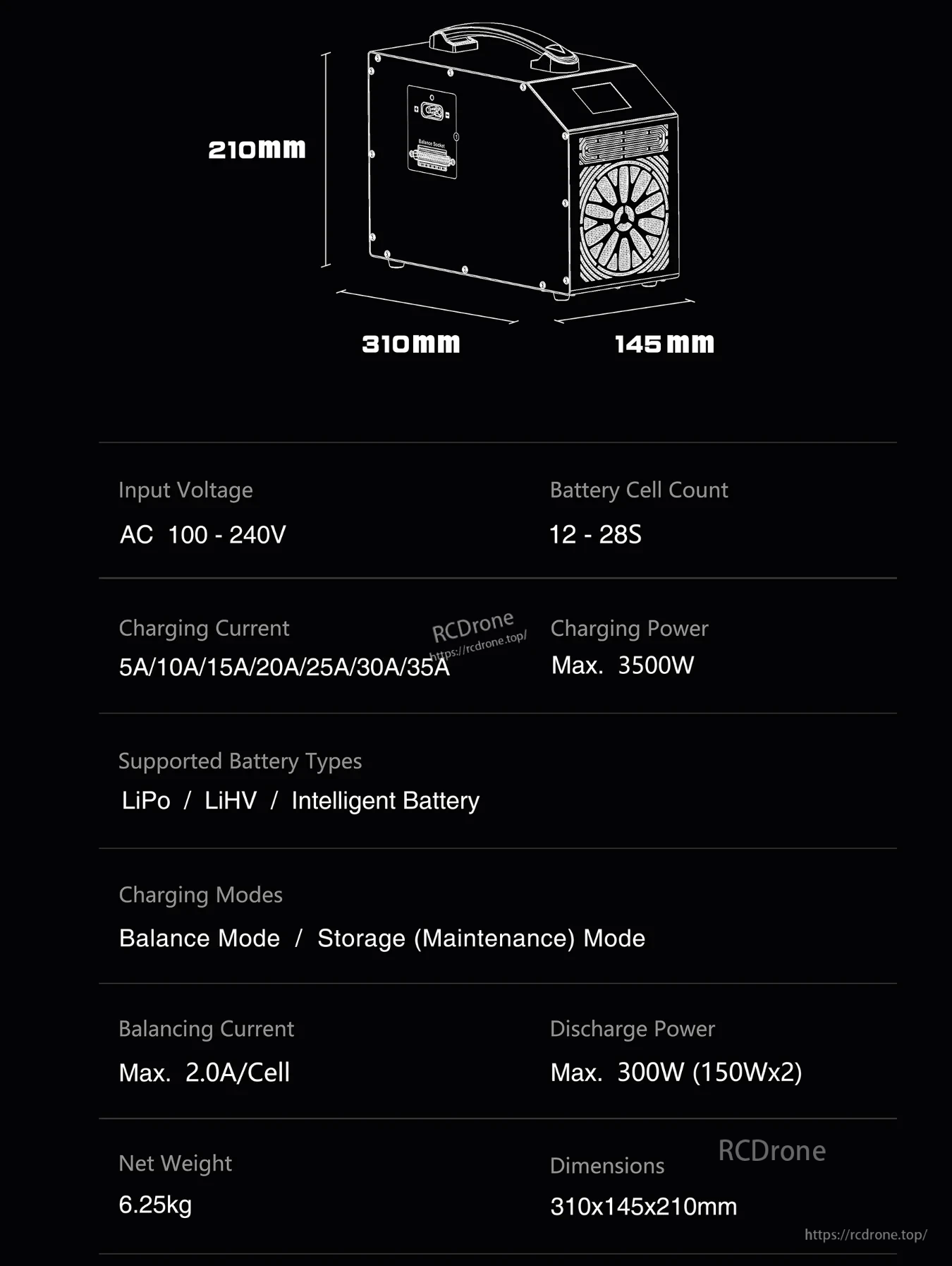 UP3500-28S charger dimensions and key specs: 310×145×210mm, 12–28S, 3500W max, 35A output