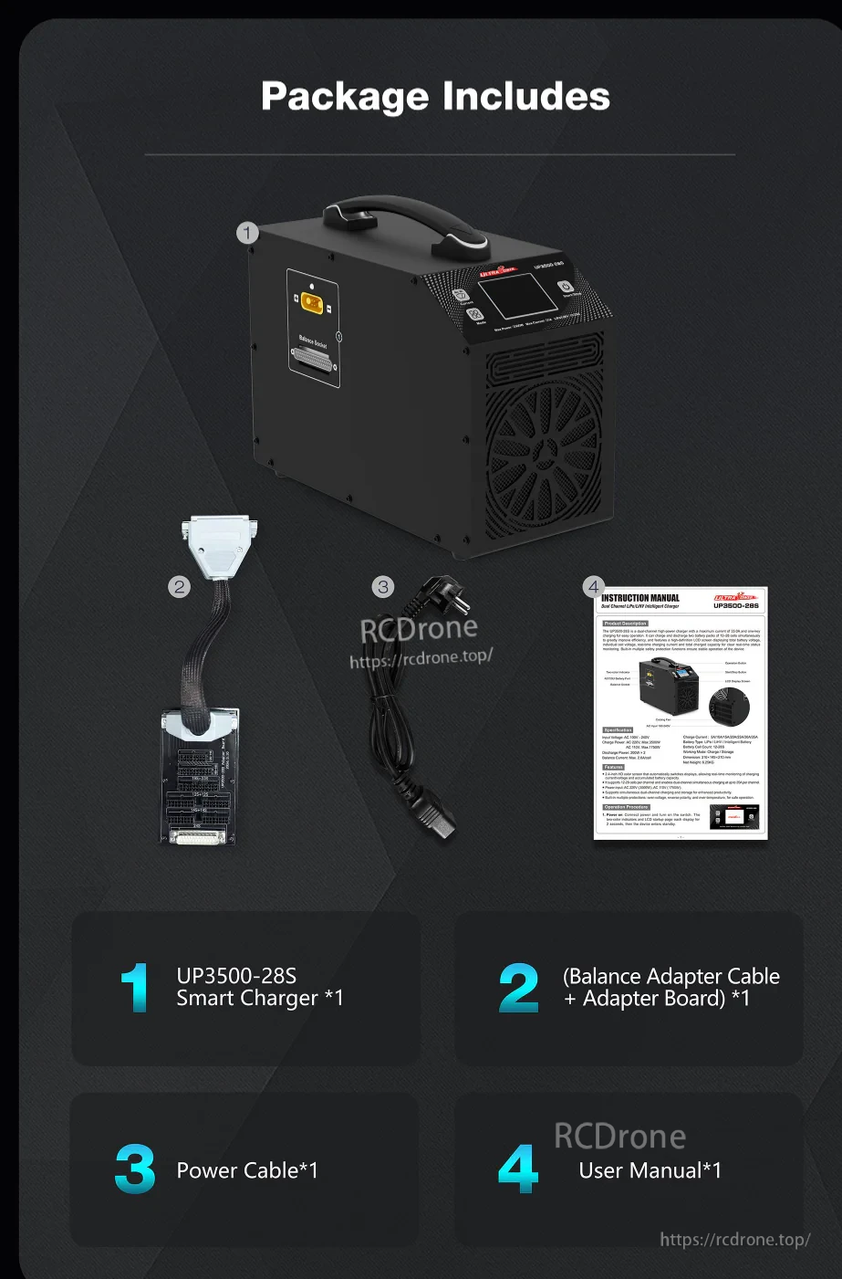 What’s in the box: UP3500-28S charger, balance adapter cable and board, power cable, and user manual