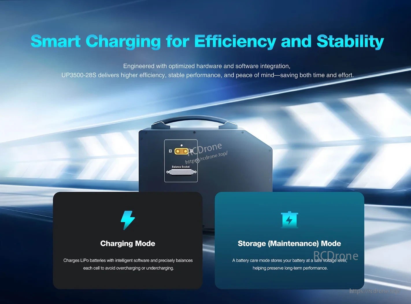 UP3500-28S smart charging overview highlighting charging mode and storage (maintenance) mode for RC batteries