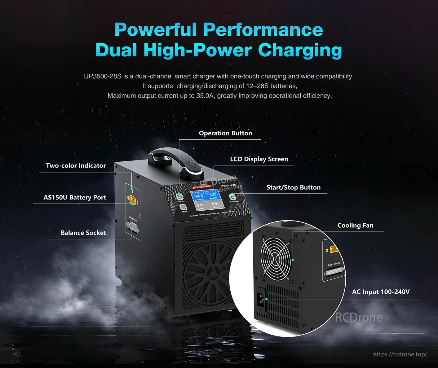 UP3500-28S charger ports and controls: AS150U battery port, balance socket, LCD, start/stop, cooling fan