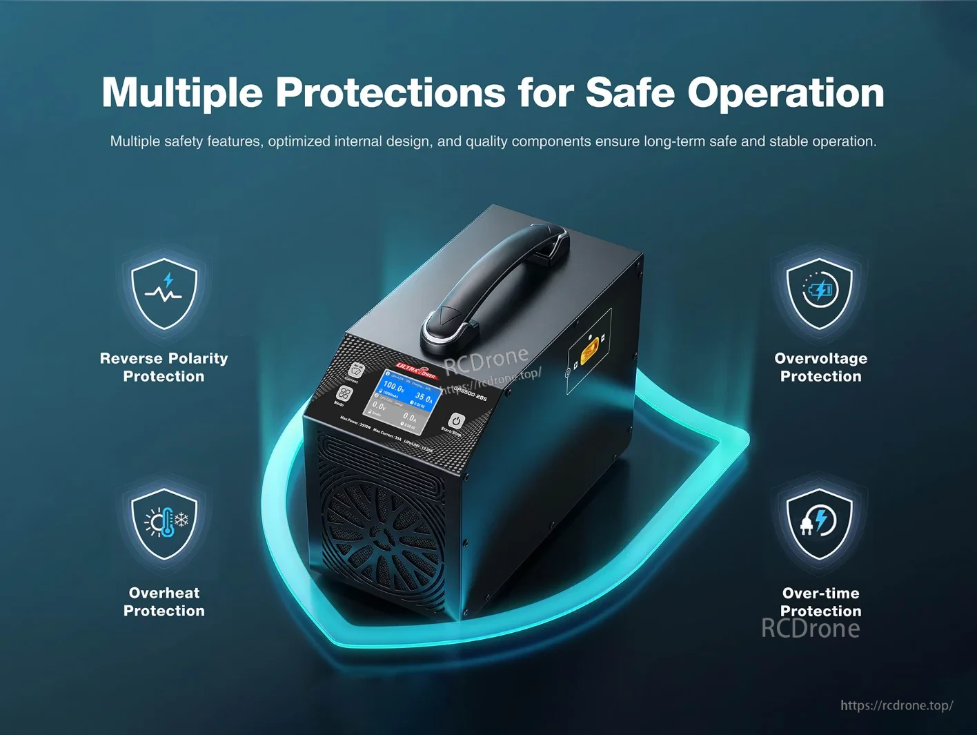 Safety protections on UP3500-28S charger: reverse polarity, overheat, overvoltage, and overtime protection