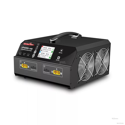 Ultra Power UP4000-14S: 2x2000W dual-channel charger, 40A, 6-14S, 100-240V AC, 3.2" LCD, balance sockets, cooling fans for efficient battery charging.