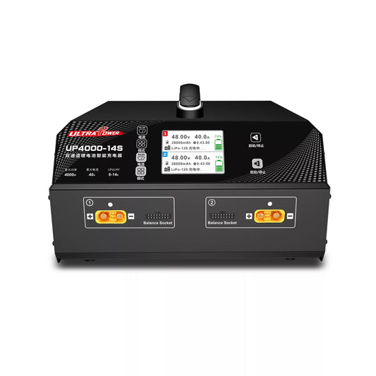 Ultra Power UP4000-14S: 4000W, 40A dual-channel smart charger for 6-14S LiPo/LiHV, features 3.2" LCD, dual balance ports, voltage/current display, and 100-240V AC input.