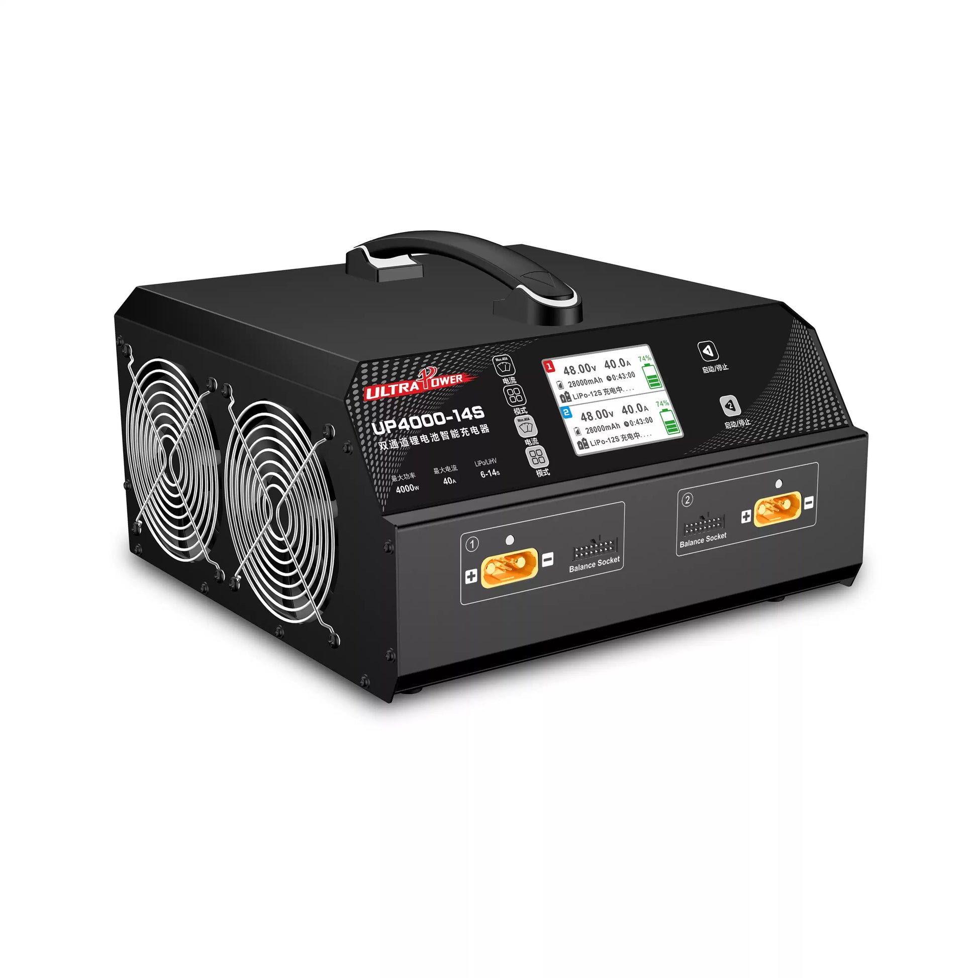 Ultra Power UP4000-14S: 2x2000W dual-channel charger, 40A, 6-14S LiPo/LiHV, 100-240V AC, 3.2" LCD, balance sockets, cooling fans for efficient, balanced charging.