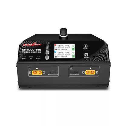 Ultra Power UP4000-24S Charger, Ultra Power UP4000-14S: 4000W, 40A dual-channel smart charger for 6-14S LiPo/LiHV, with 3.2" screen, balance sockets, and real-time voltage, current, and capacity display.