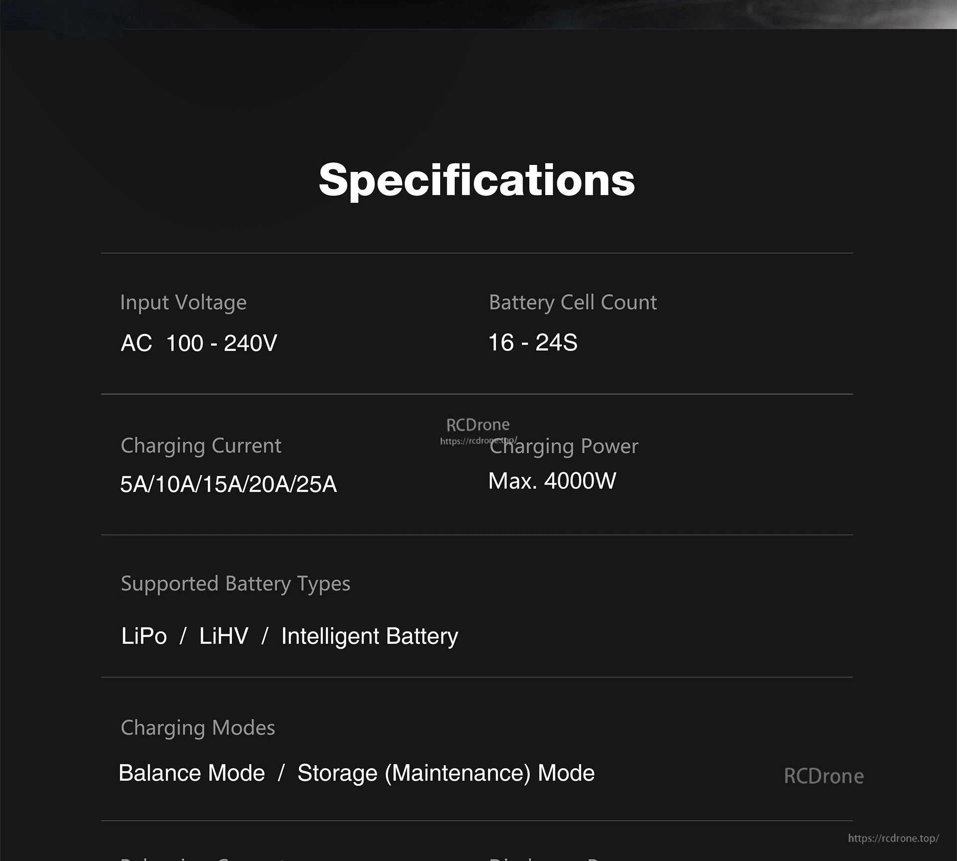 Ultra Power UP4000-24S charger: 100-240V input, 16-24S, 25A, 4000W. Supports LiPo, LiHV, smart batteries. Balance and storage modes included.