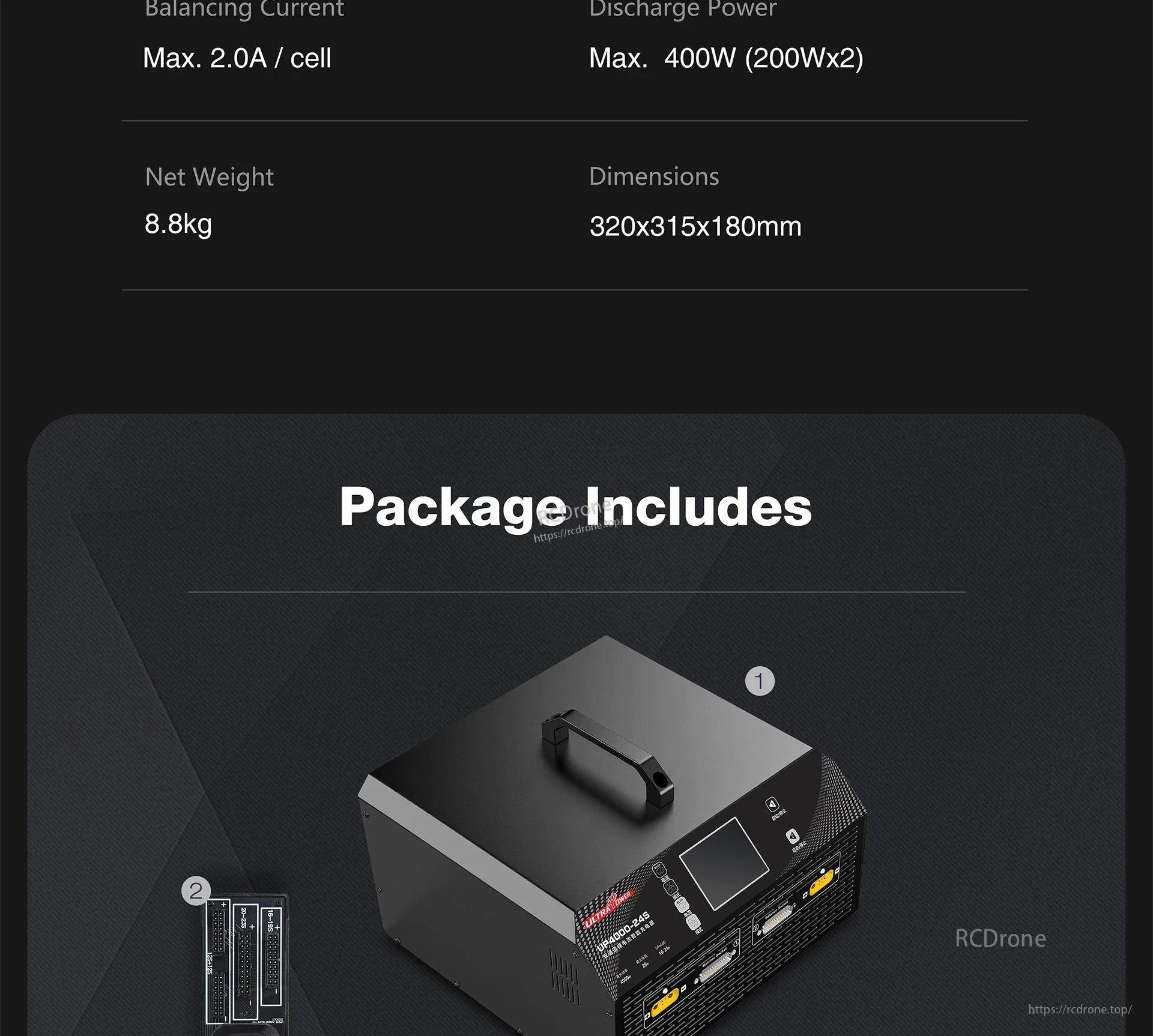 Ultra Power UP4000-24S charger: 400W discharge, 2.0A balancing, weighs 8.8kg, dimensions 320x315x180mm; includes unit and connector.