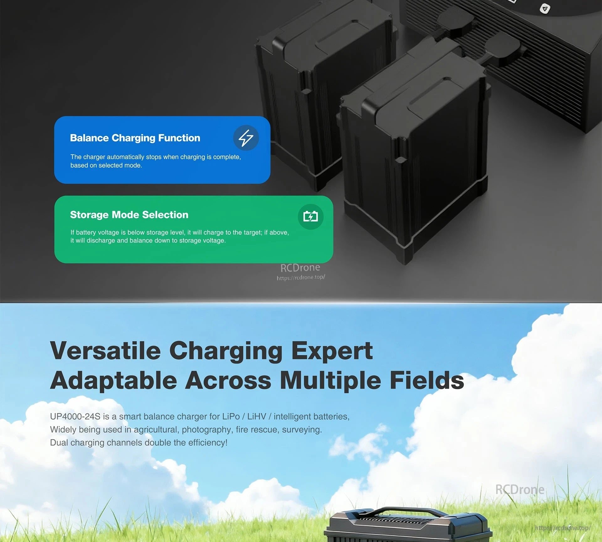 Ultra Power UP4000-24S Charger, Smart dual-channel charger for LiPo, LiHV, and intelligent batteries; automatic stop, storage mode, balanced charging, ideal for agriculture, photography, rescue, and surveying in diverse environments.