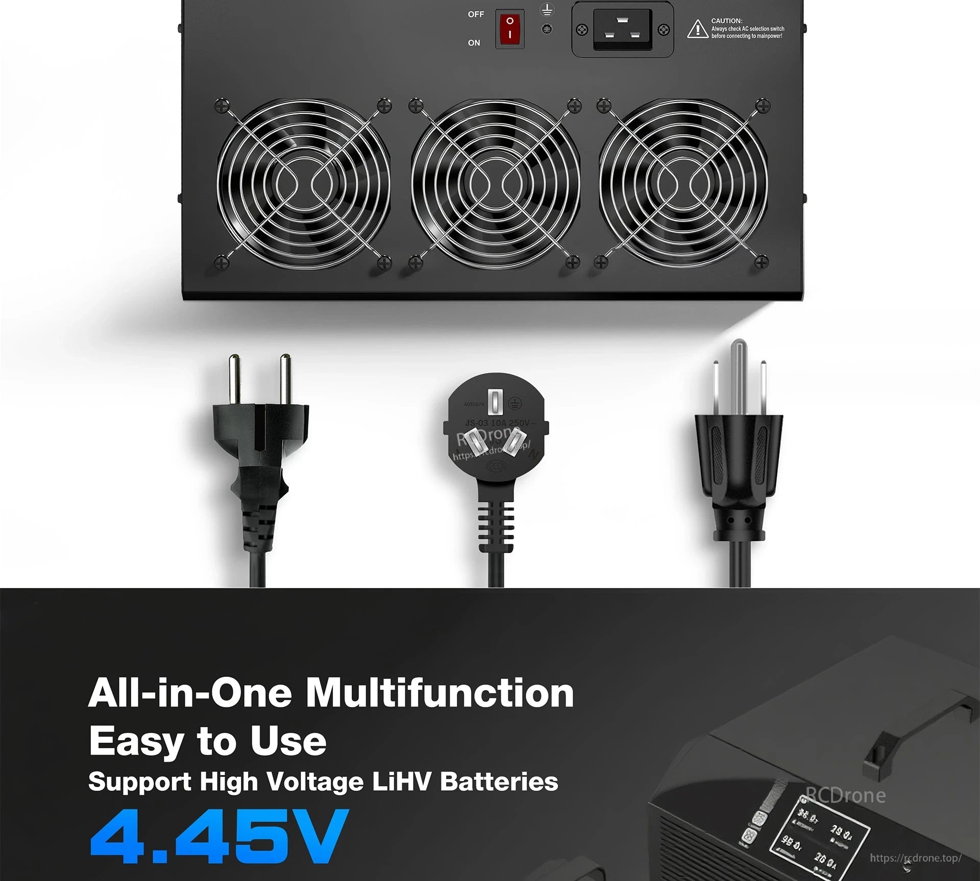 Ultra Power UP4000-24S Charger, All-in-one charger with three fans, multiple plug types, supports high-voltage LiHV batteries up to 4.45V, and is easy to use.