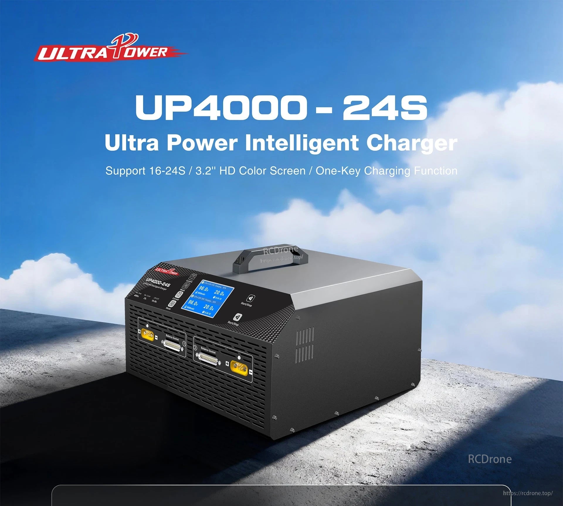 Ultra Power UP4000-24S Charger, The UP4000-24S intelligent charger supports 16–24S batteries, features dual ports, HD screen, one-key charging, and real-time digital monitoring for efficient, precise performance.