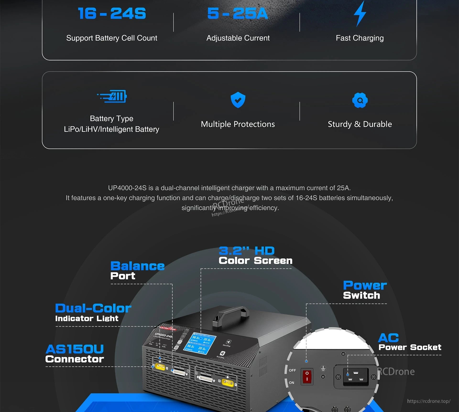 Ultra Power UP4000-24S Charger, Ultra Power UP4000-24S: dual-channel, 16–24S charger, 5–25A, fast charging for LiPo/LiHV/smart batteries. Features HD screen, balance port, protections, sturdy design, dual-color indicator, AS150U, power switch, AC socket.
