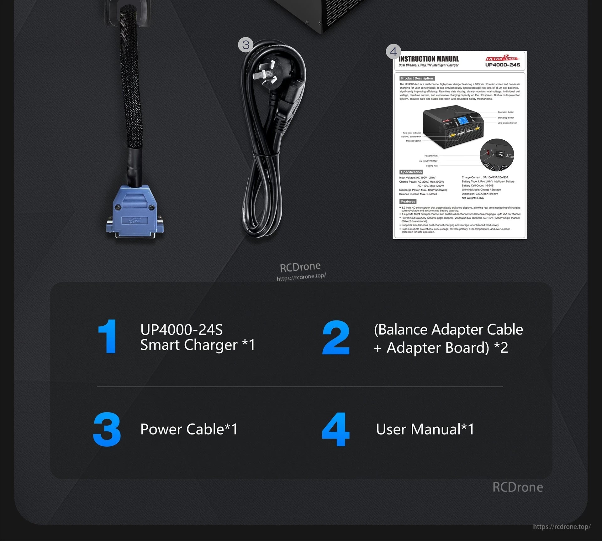 Ultra Power UP4000-24S Charger, Ultra Power UP4000-24S dual-channel smart charger features HD screen, LiPo/LiHV support, balance cables, safety protections, and real-time data for efficient, intelligent charging.