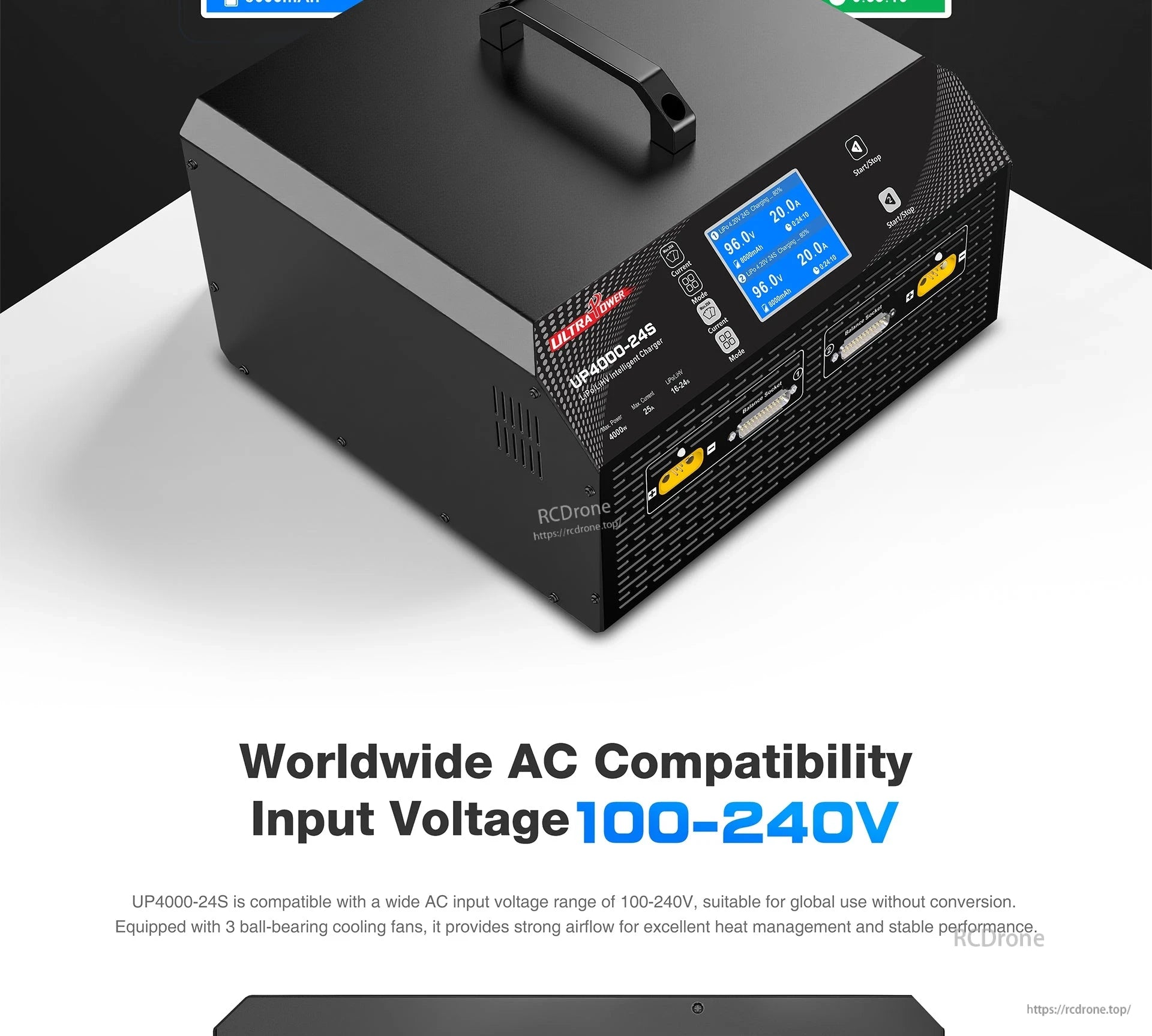 Ultra Power UP4000-24S Charger, Ultra Power UP4000-24S: 4000W intelligent charger, 100-240V input, digital display, dual ports, triple ball-bearing fans for efficient cooling and stable performance.
