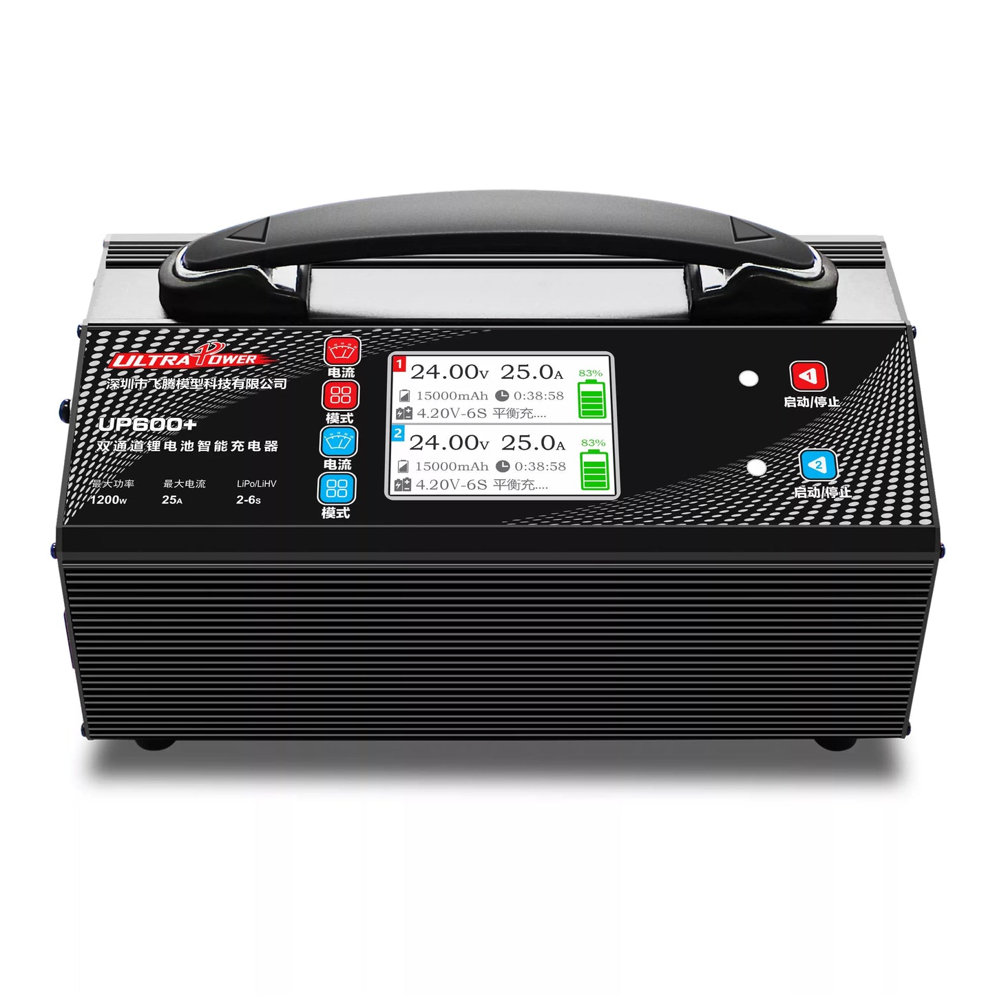 The Ultra Power UP600+ is a 1200W dual-channel charger for 2–6S LiPo/LiHV batteries, featuring a 3.2" LCD and independent channel controls.