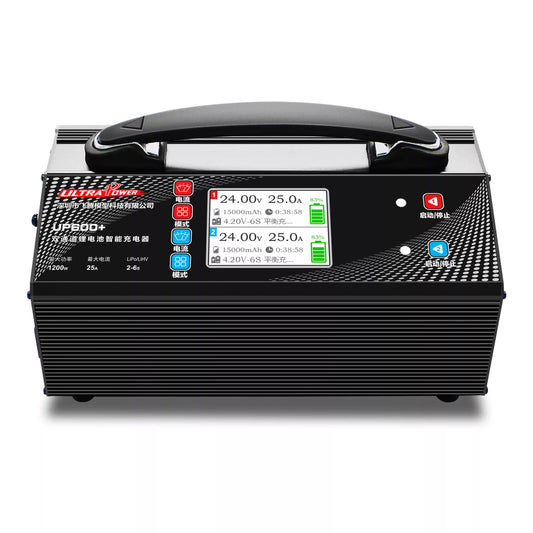 The Ultra Power UP600+ is a 1200W dual-channel charger for 2–6S LiPo/LiHV batteries, featuring a 3.2" LCD and independent channel controls.