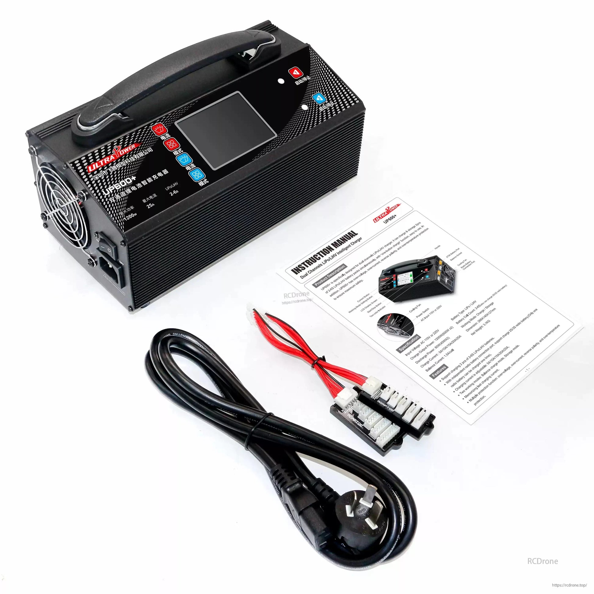 The Ultra Power UP600+ is a dual-channel 1200W intelligent charger for 2–6S LiPo/LiHV batteries, with 25A max, LCD display, and AC input.