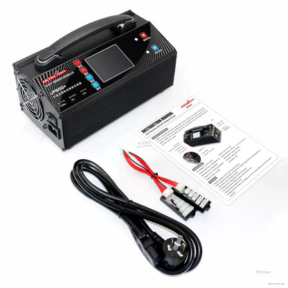The Ultra Power UP600+ is a dual-channel 1200W intelligent charger for 2–6S LiPo/LiHV batteries, with 25A max, LCD display, and AC input.