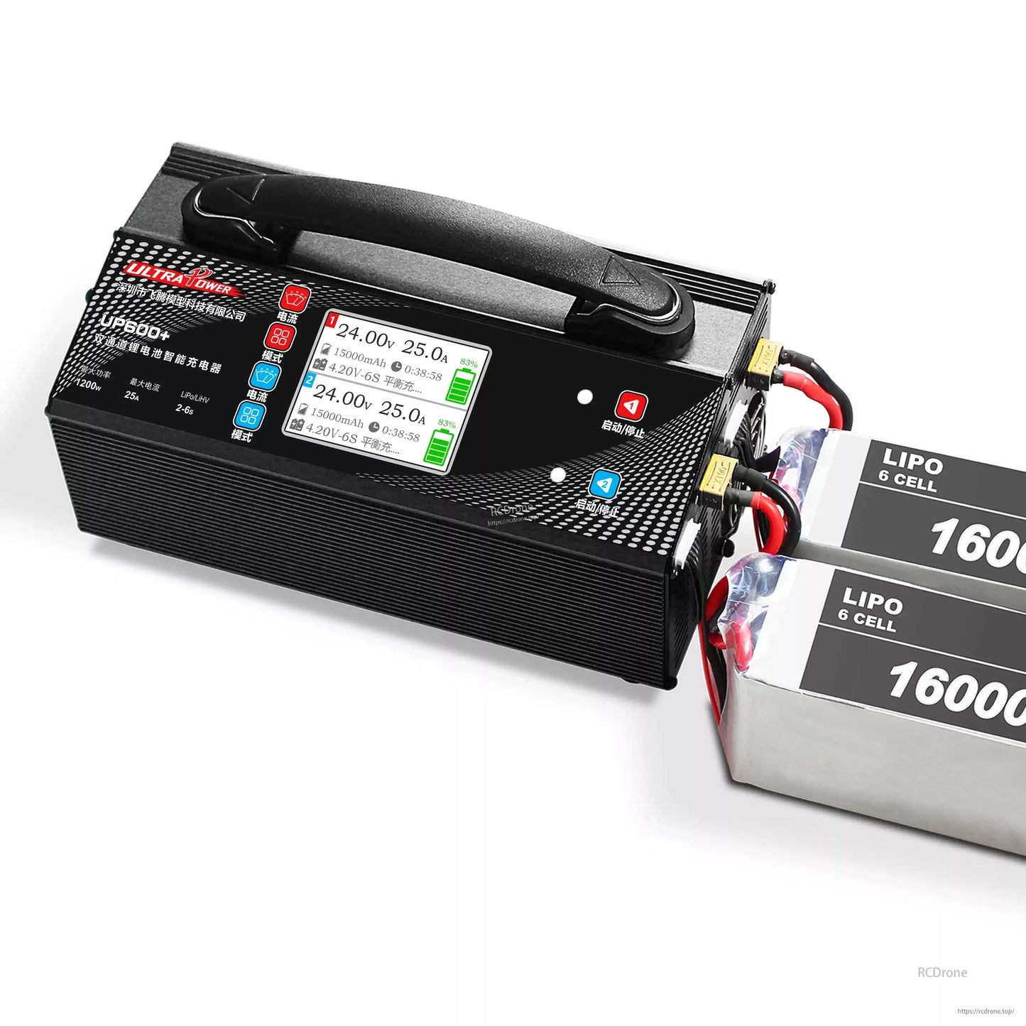 The Ultra Power UP600+ is a 1200W dual-channel charger with 25A per channel, supporting 2–6S LiPo/LiHV, LCD display, and AC 110/220V input.