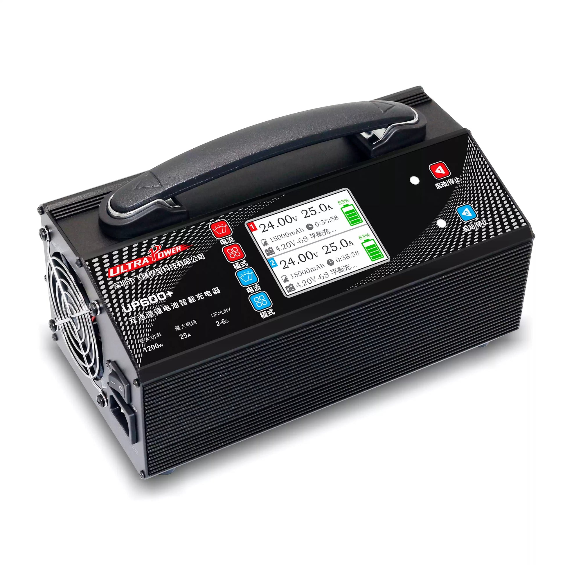 Ultra Power UP600+ is a 1200W dual-channel charger with 25A per channel, supporting 2–6S LiPo/LiHV and featuring a 3.2" LCD and balance charging.