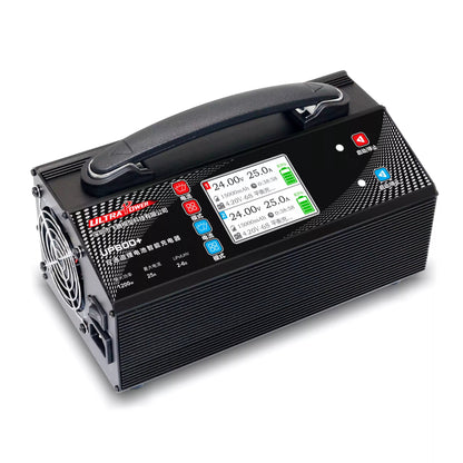 Ultra Power UP600+ is a 1200W dual-channel charger with 25A per channel, supporting 2–6S LiPo/LiHV and featuring a 3.2" LCD and balance charging.